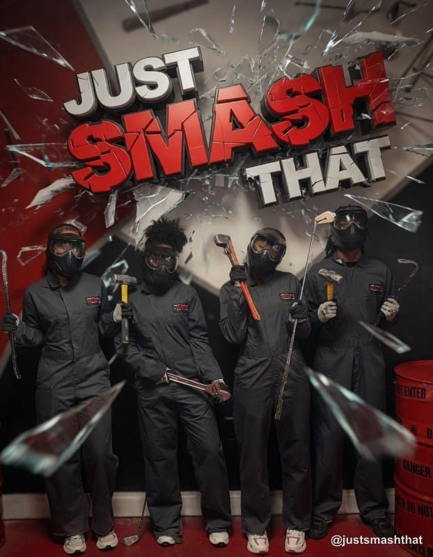 A team of coworkers in Just Smash That jumpsuits and masks holding rage room tools