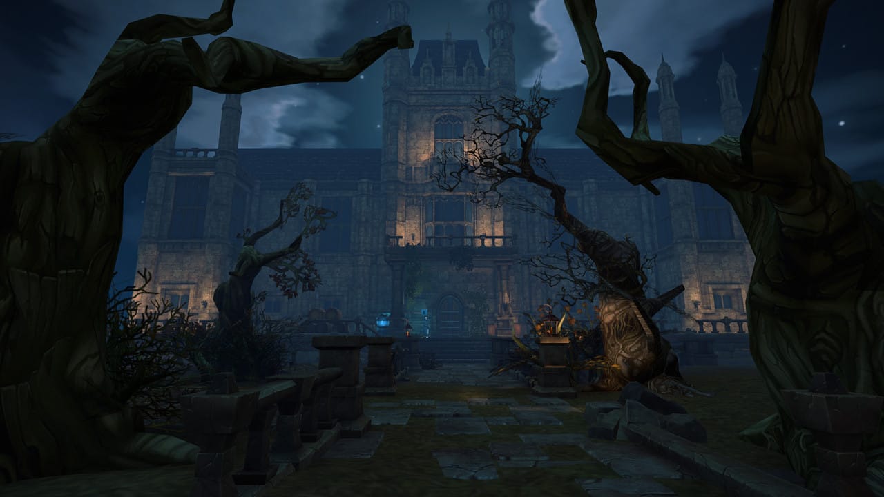 A moonlit mansion behind twisted trees in Mission Z