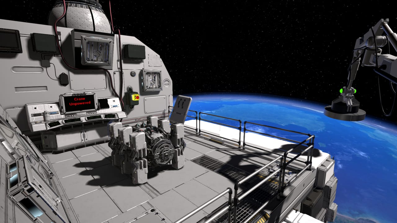 In-headset view of a space station mission from the Just Smash That VR arena
